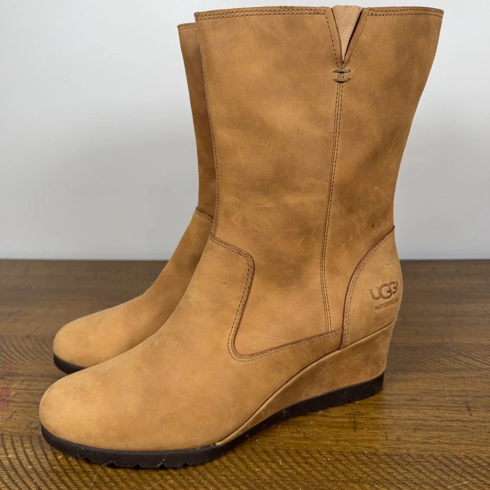UGG Boots Womens 10 Tan Leather Joely Wedge Shearling Winter Waterproof Y2K